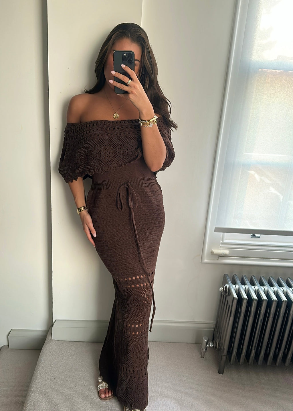 Fia Brown Crochet Maxi Dress