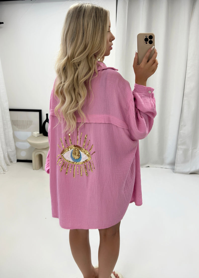 Ella Sequin Evil Eye Shirt - Baby Pink
