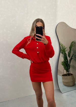 Alana Gold Button Mini Dress - Red