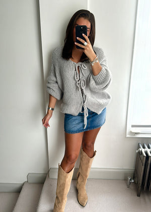 Raya Bow Knit Cardigan - Grey