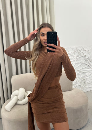 Mila Glitter Drape Dress -  Bronze