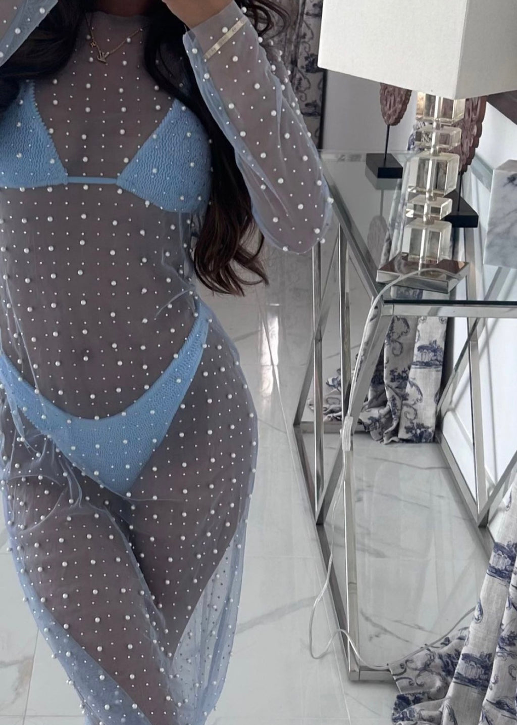 Kyma Pearl Diamanté Dress - Baby Blue