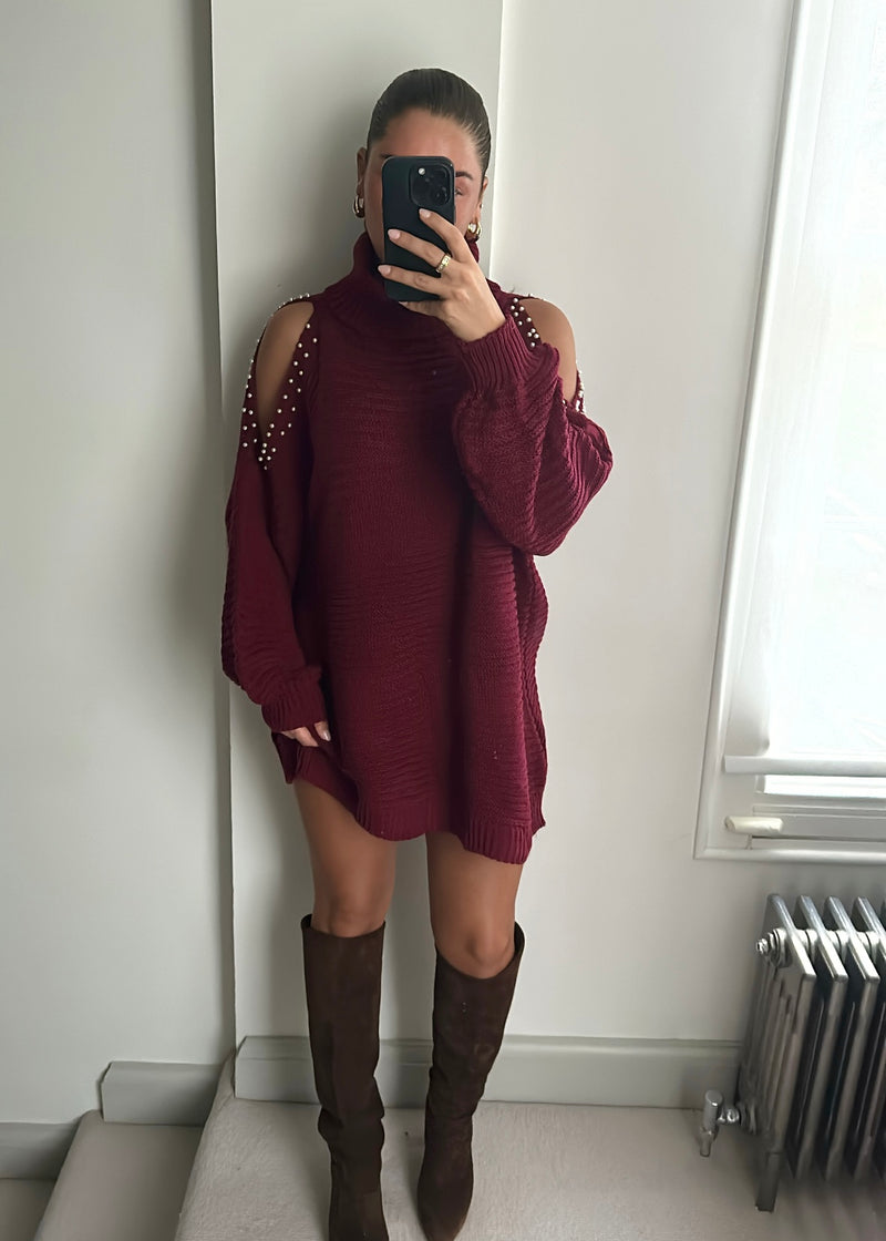 Millie Pearl Cold Shoulder Mini Jumper Dress - Burgundy