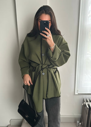 Tami Wool Look Jacket & Scarf Set - Khaki