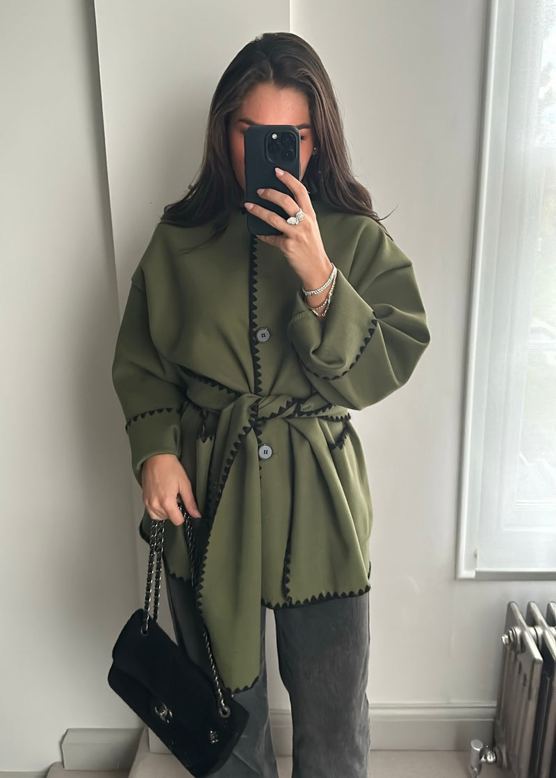 Tami Wool Look Jacket & Scarf Set - Khaki