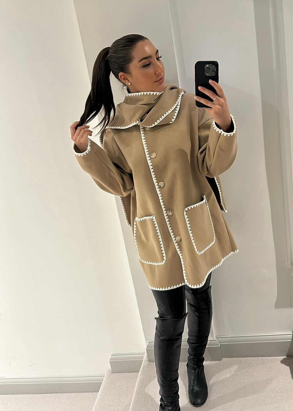 Tami Wool Look Jacket & Scarf Set - Camel