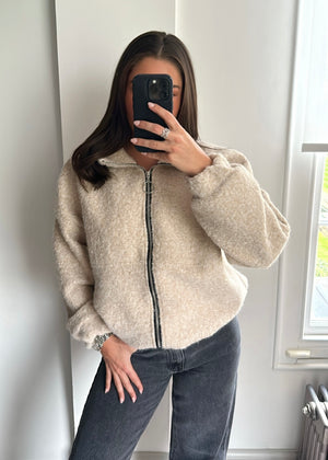 Zena Oversized Teddy Bomber Jacket - Beige