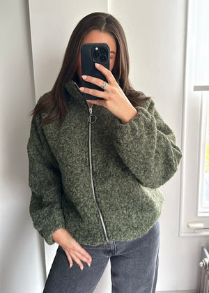 Zena Oversized Teddy Bomber Jacket - Khaki