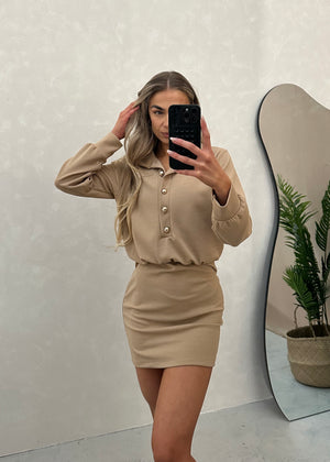 Alana Gold Button Mini Dress - Mocha