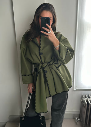 Tami Wool Look Jacket & Scarf Set - Khaki