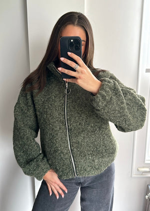 Zena Oversized Teddy Bomber Jacket - Khaki