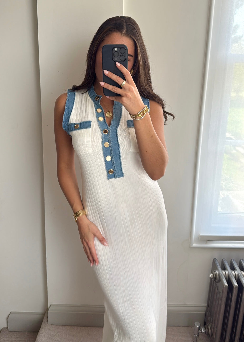 Jasmine Cream Gold Button Midi Dress