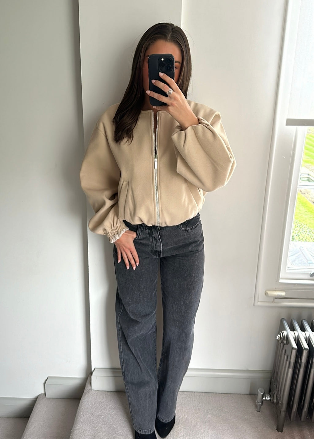 Ania Oversized Bomber Jacket - Beige