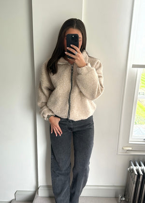 Zena Oversized Teddy Bomber Jacket - Beige