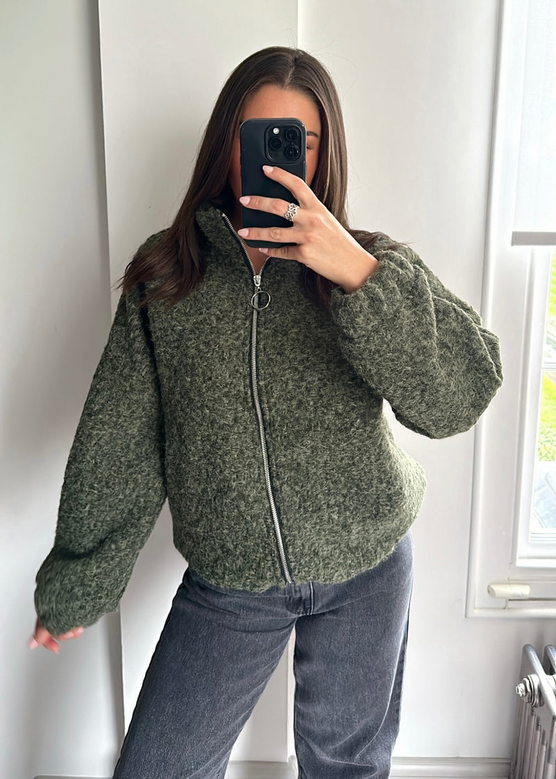 Zena Oversized Teddy Bomber Jacket - Khaki