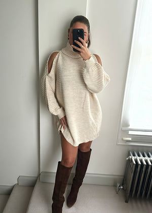 Millie Pearl Cold Shoulder Mini Jumper Dress - Beige