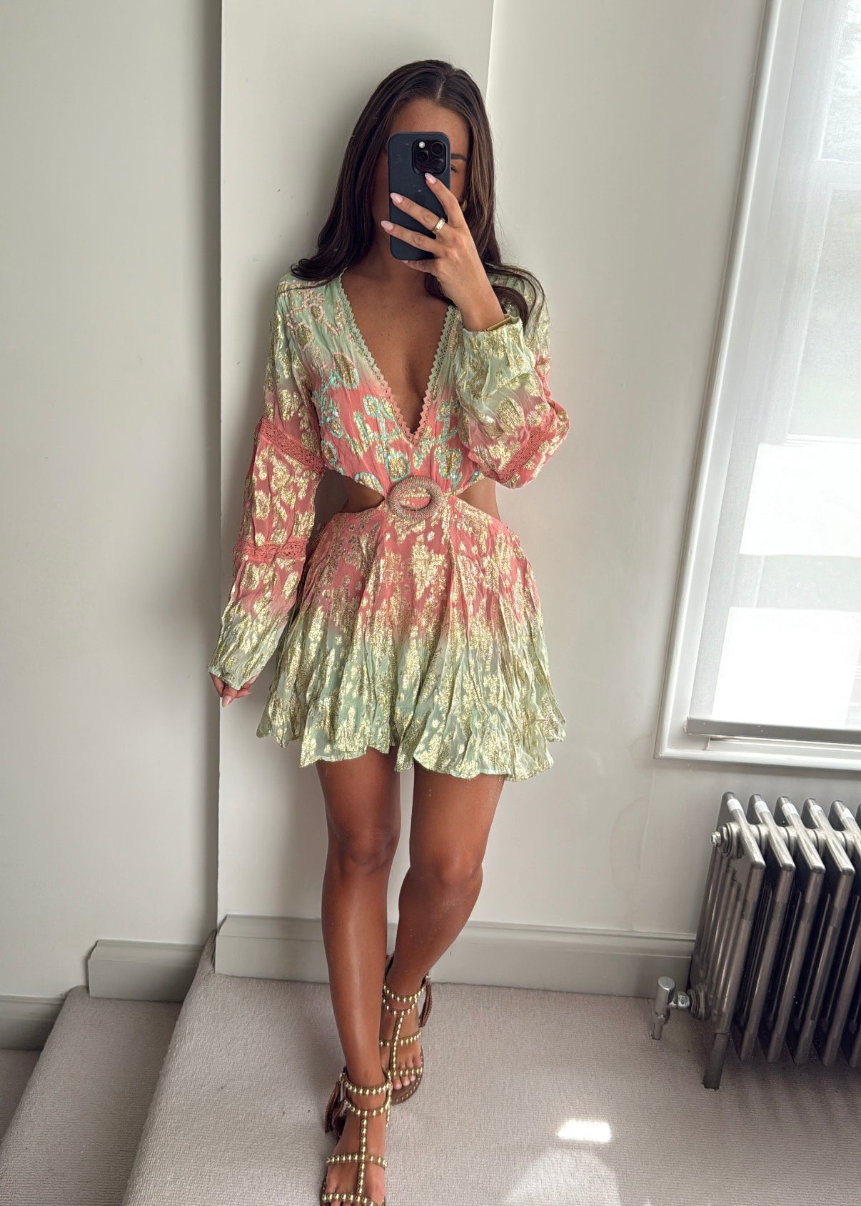 Zuri Embellished Metallic Cutout Dress - Pink / Green Jewel Boutique Zuri Embellished Metallic Cutout Dress - Pink / Green Jewel Boutique
