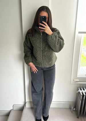 Zena Oversized Teddy Bomber Jacket - Khaki