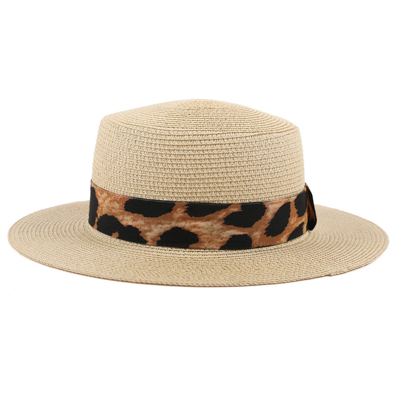 Women's beige boater hat with leopard trim detail