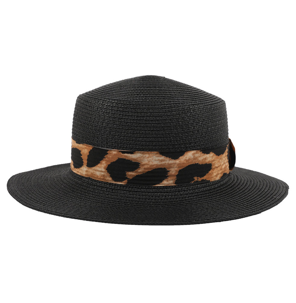 Women's black boater sun hat with leopard trim