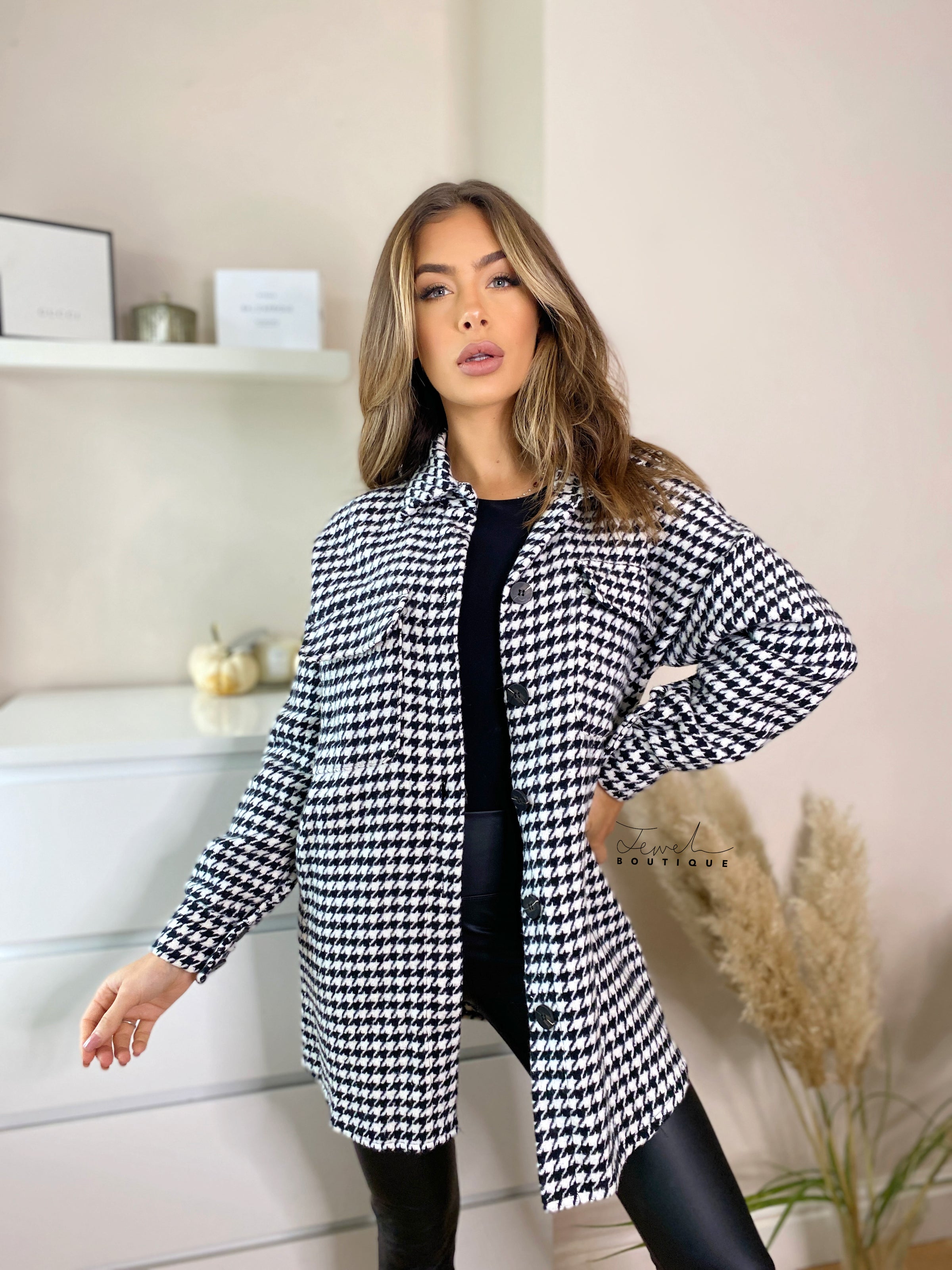 Womens Shacket Shacket Dogtooth Clara Black Dogtooth Shacket