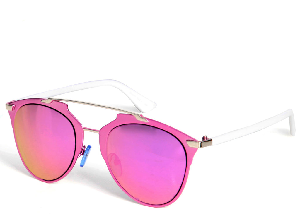 Women's stylish sunglasses with bright pink mirrored lens