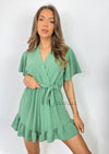 Women's green belted ruffle playsuit