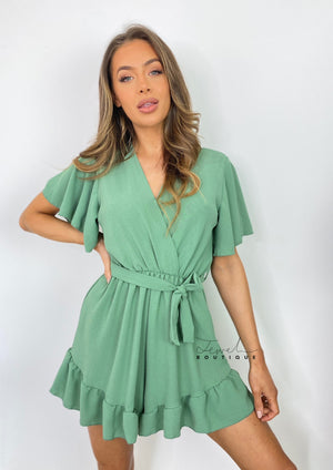 Women's green belted ruffle playsuit
