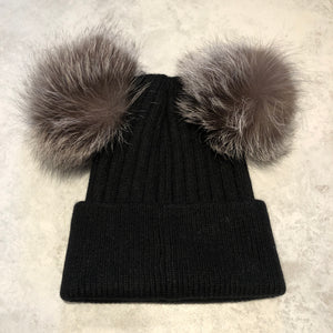 Black with Silver Double Bobble Hat