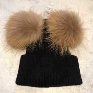 Black with Natural Double Bobble Hat
