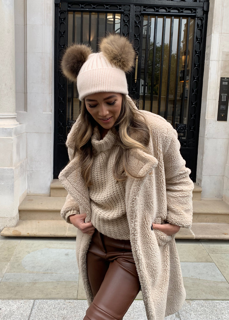 Beige Double Bobble Hat