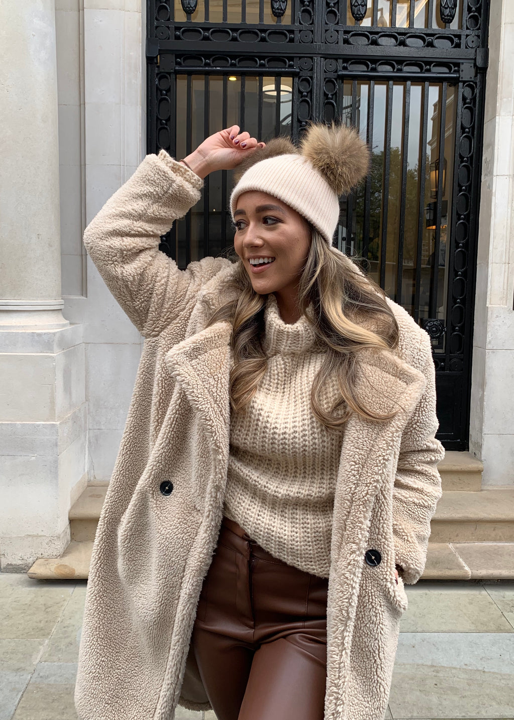 Beige Double Bobble Hat