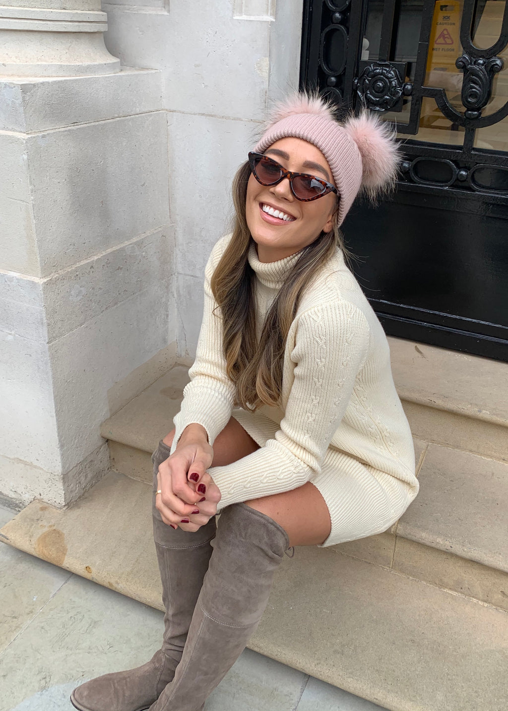 Blush Pink Double Bobble Hat