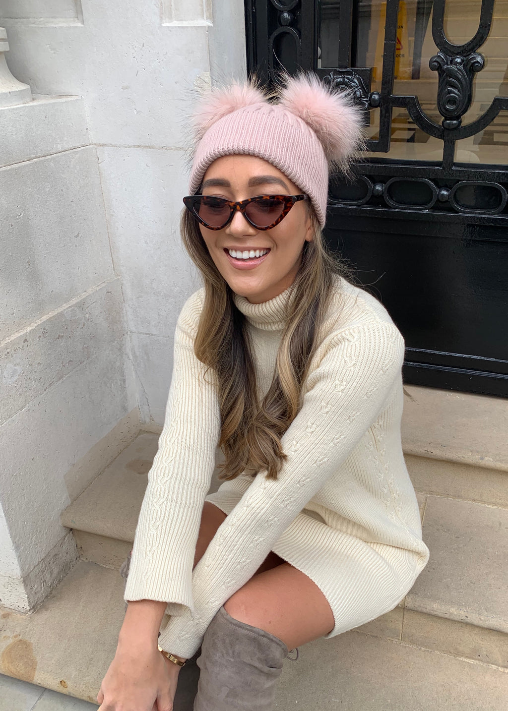 Blush Pink Double Bobble Hat