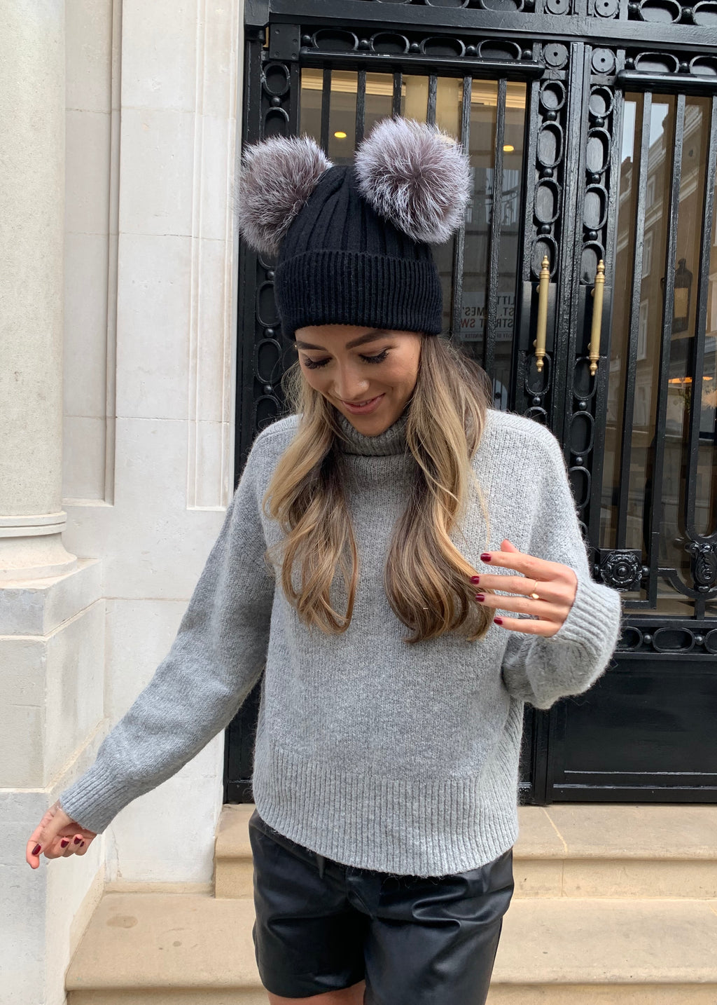 Black with Silver Double Bobble Hat