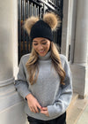 Black with Natural Double Bobble Hat