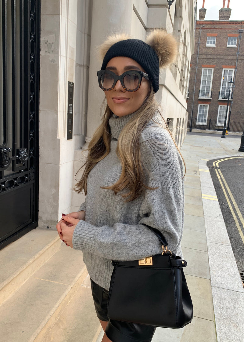 Black with Natural Double Bobble Hat