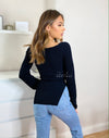 Women's stylish ribbed, trendy neckline black knit top
