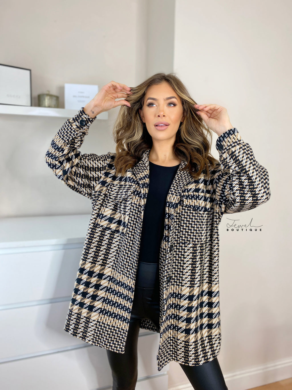 Ivy Dogtooth Overshirt - Brown
