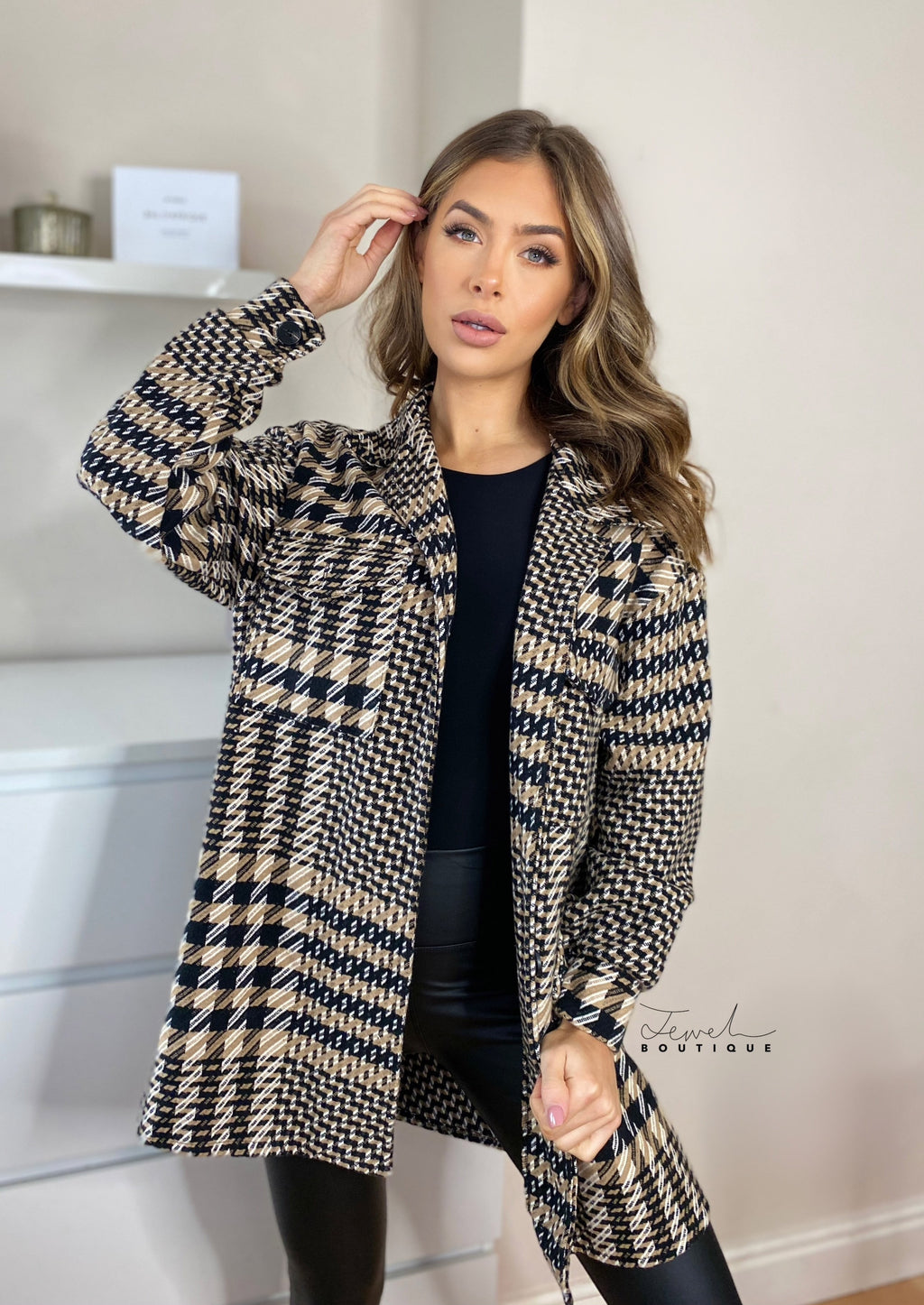 Ivy Dogtooth Overshirt - Brown