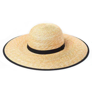 Women's straw wide brim stetson hat with black ribbon detail