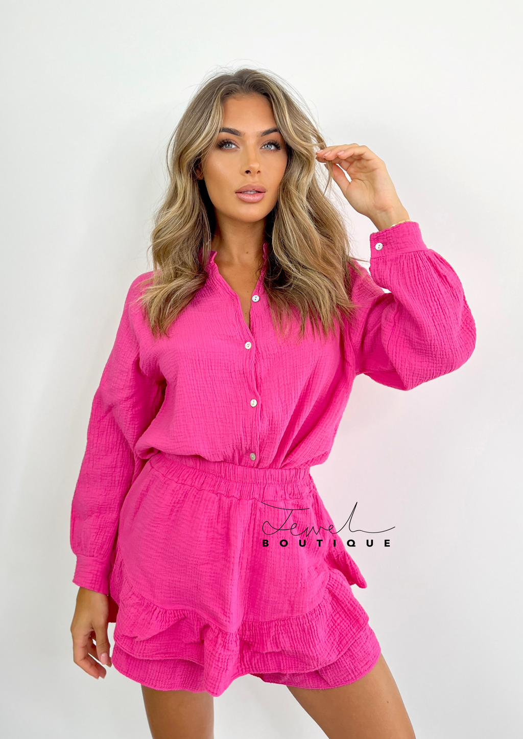 Women's pink linen top and shorts set