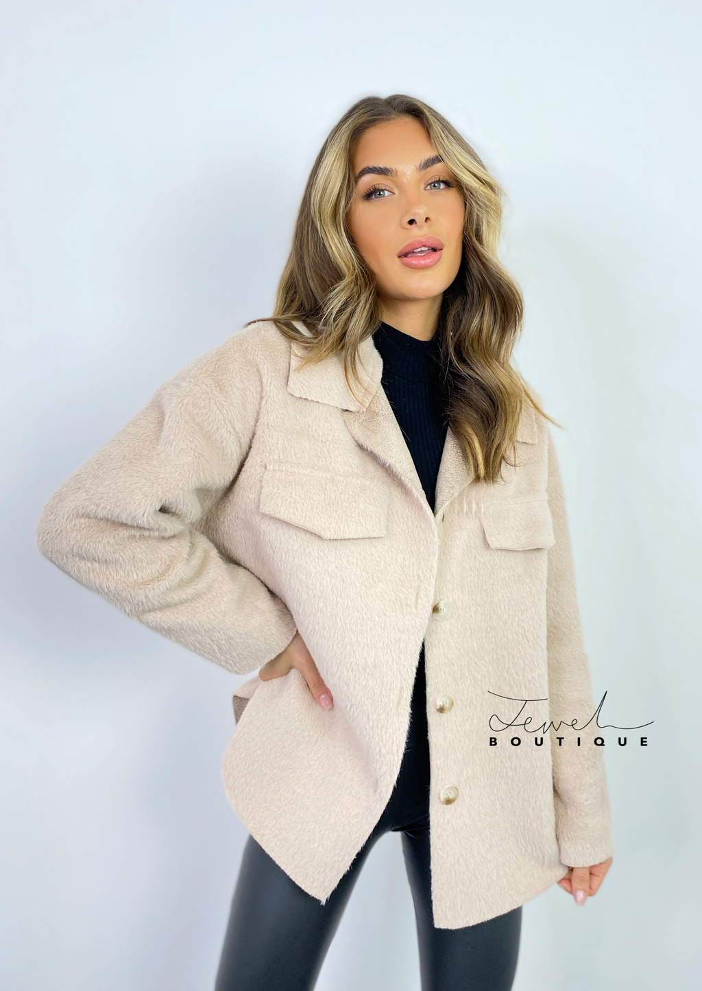Women's beige teddy bear faux fur shacket