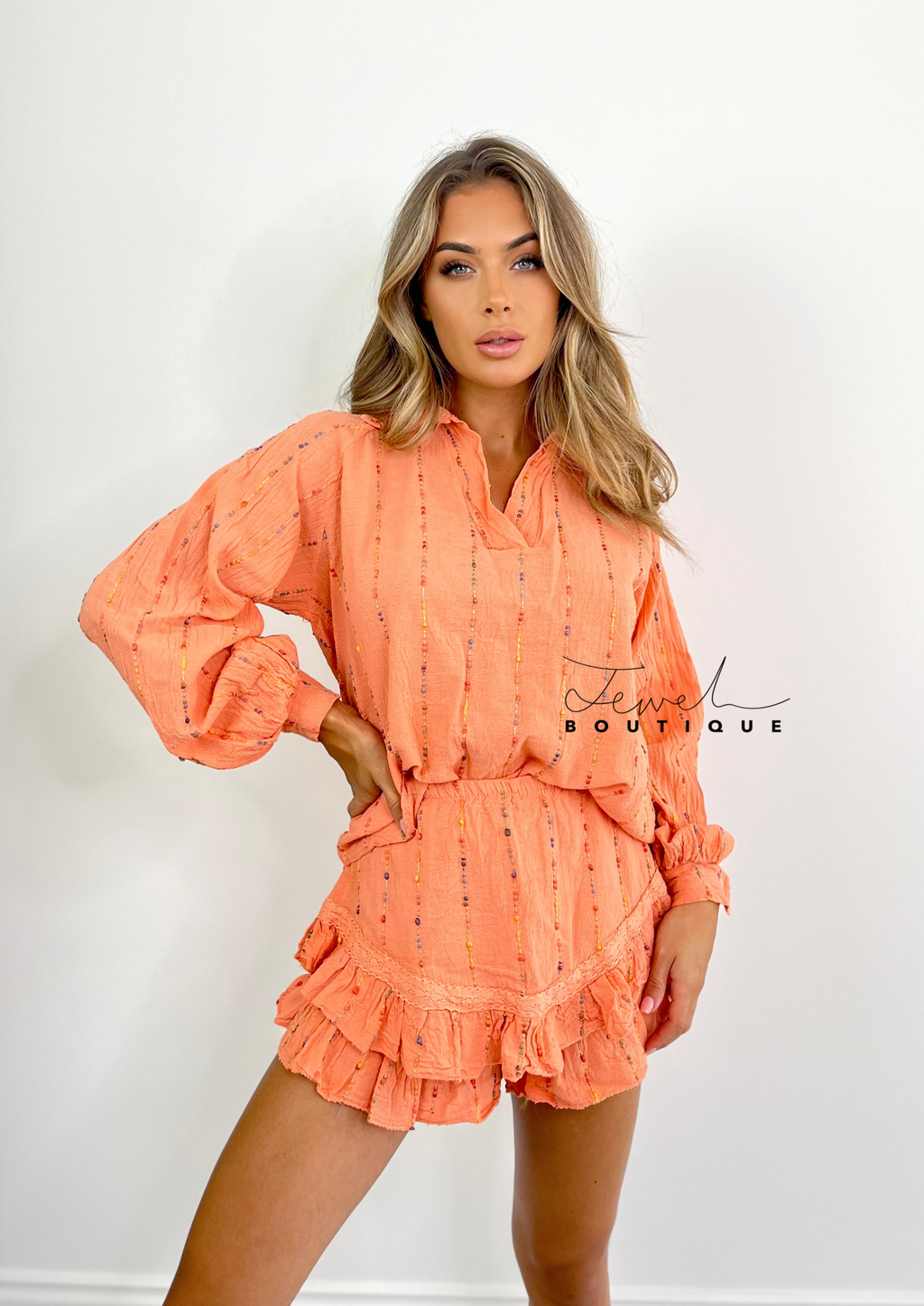 Women's orange linen top and shorts set