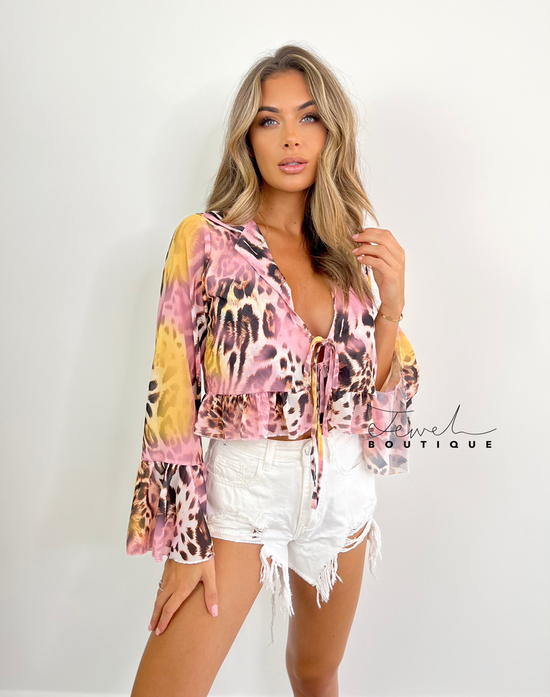 Tami Pink Leopard Frill Blouse