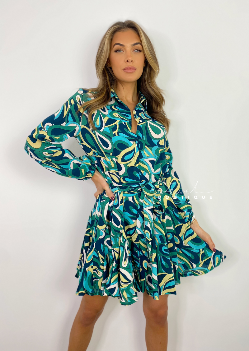 Women's abstract printed belted mini dress
