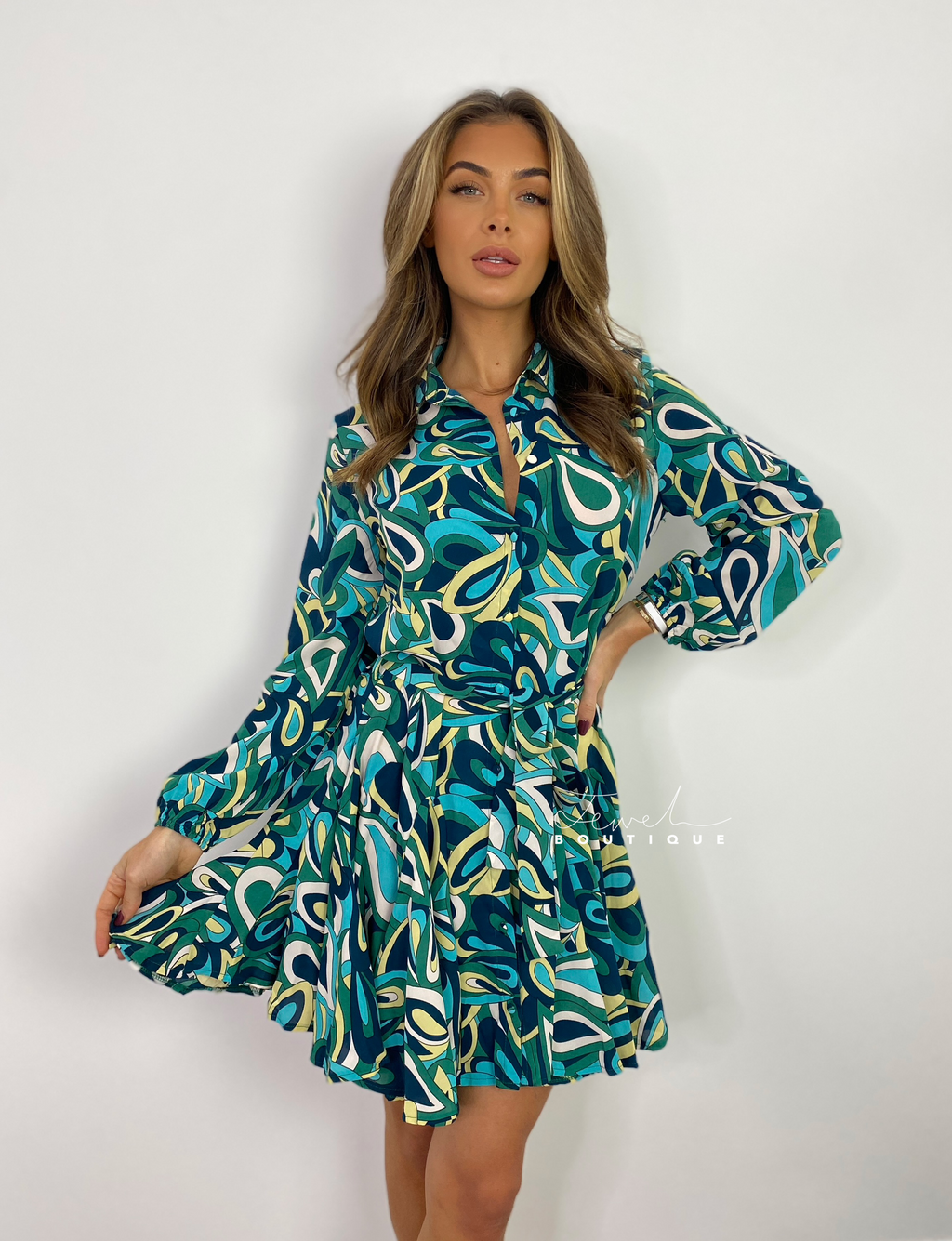 Women's abstract printed belted mini dress