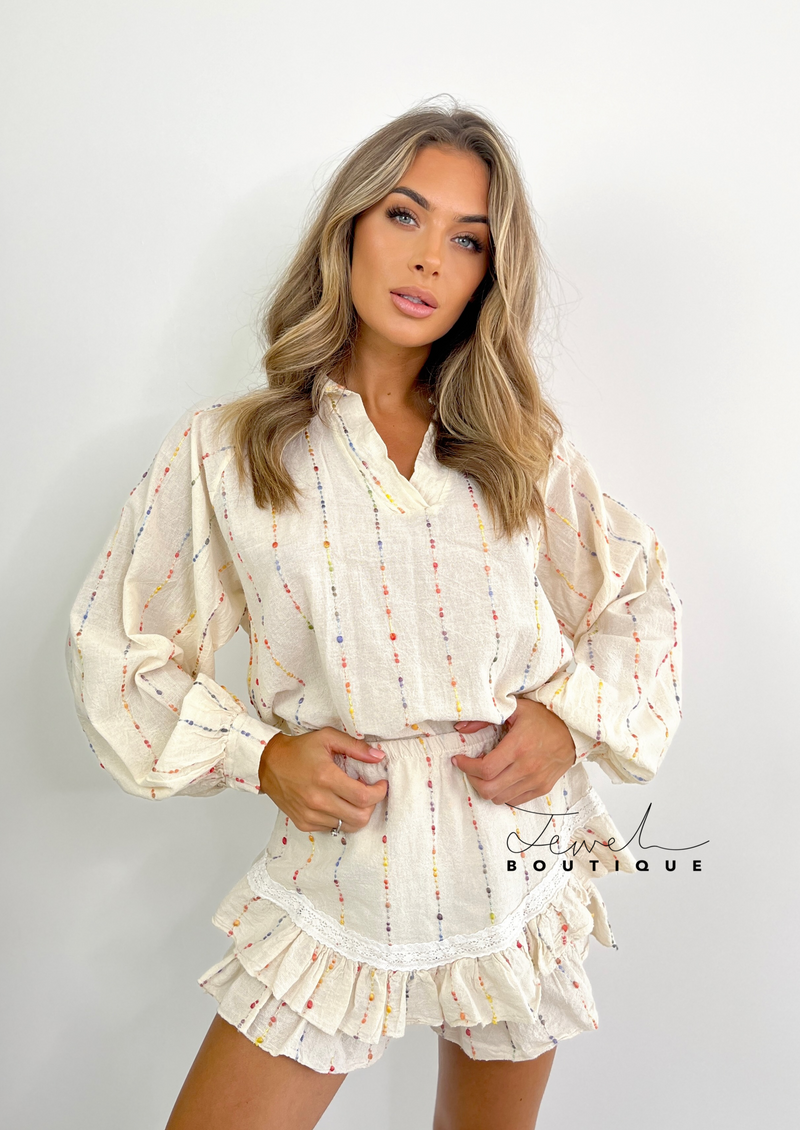 Women's cream linen top and shorts set