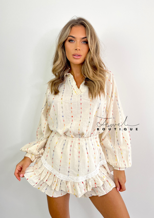 Women's cream linen top and shorts set